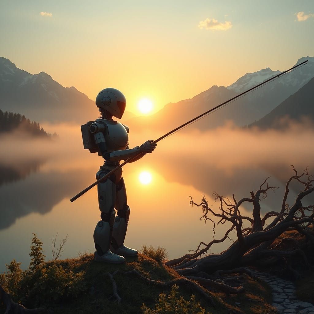 Vintage Robot Fisherman in a Serene, Misty Lake Landscape
