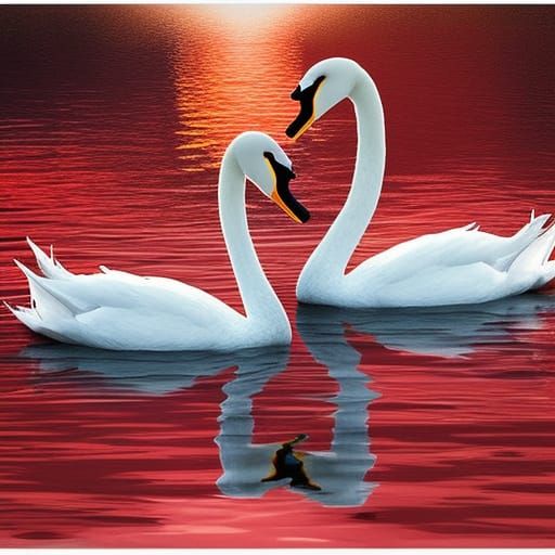 Swans Kissing on Red Water: Cinematic Digital Painting