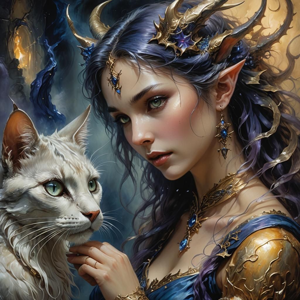 Cat Dragon in Love with Elf: Dreamy Oil Painting