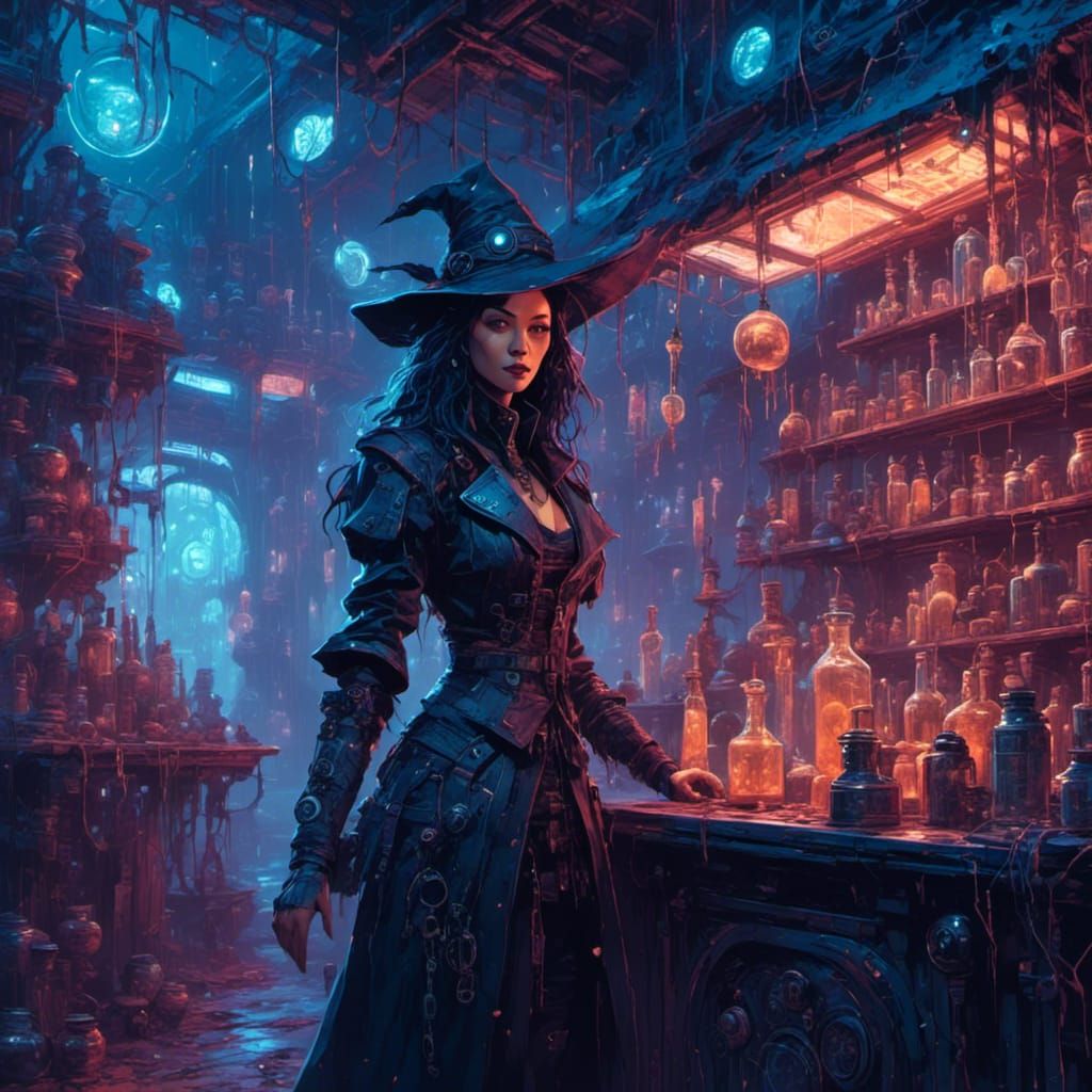 Cyberpunk Witch Apothecary with Neon Lighting