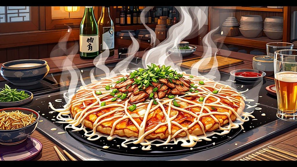 Sizzling Okonomiyaki Anime Art in a Cozy Izakaya