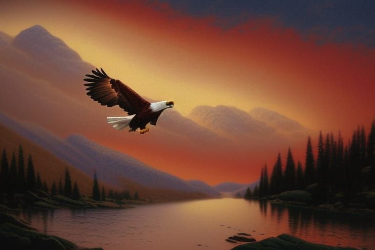 Bald Eagle in Snowy Mountain Landscape, Detailed Painting