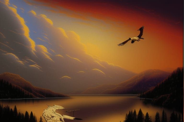 Native American Eagle Soaring Over Mountainous Landscape
