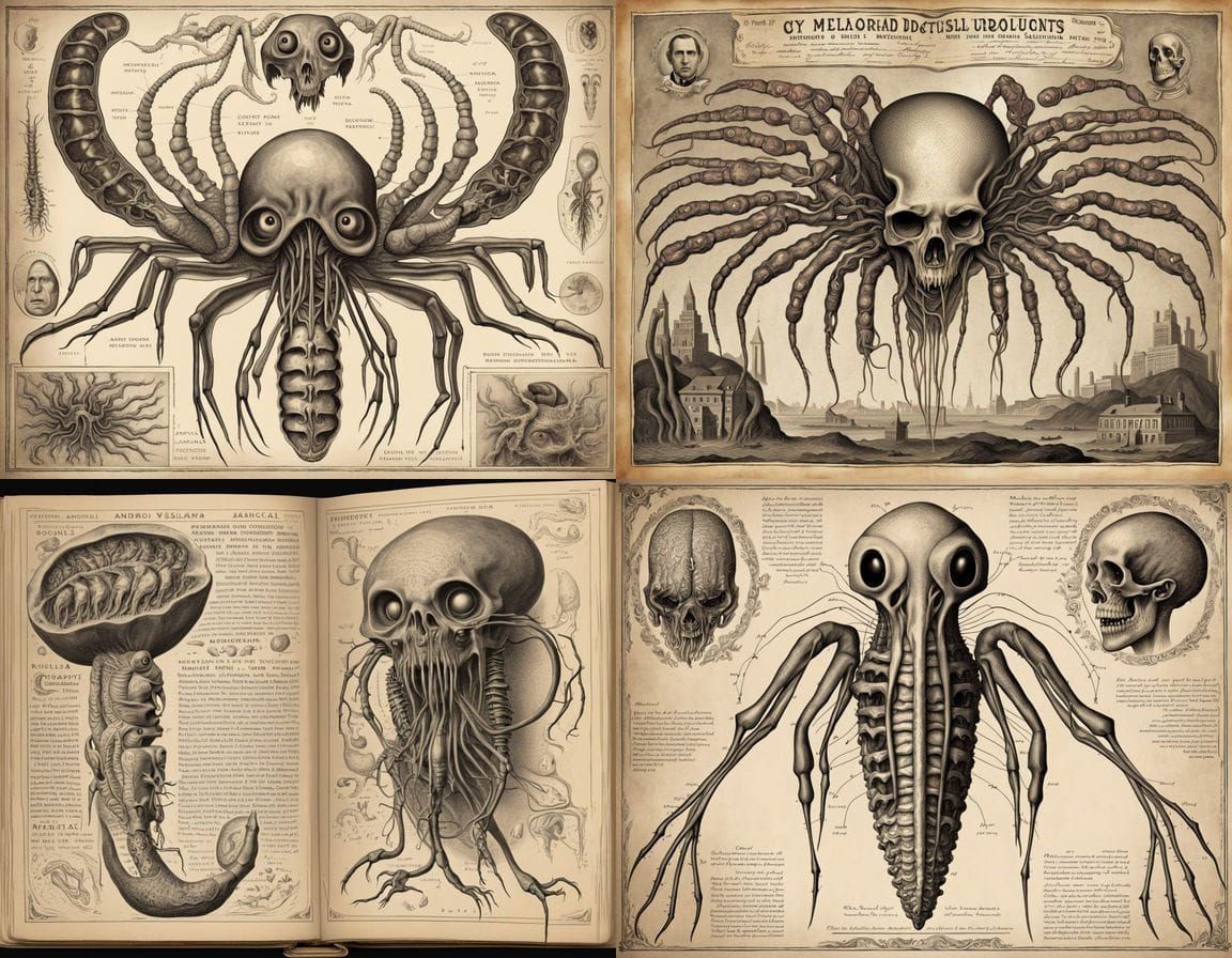 Dissected Panda Prawn with Alien Organs in Sepia