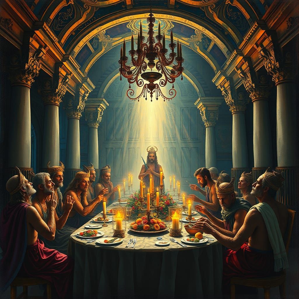 Gods' Banquet: Detailed Post-Impressionistic Scene