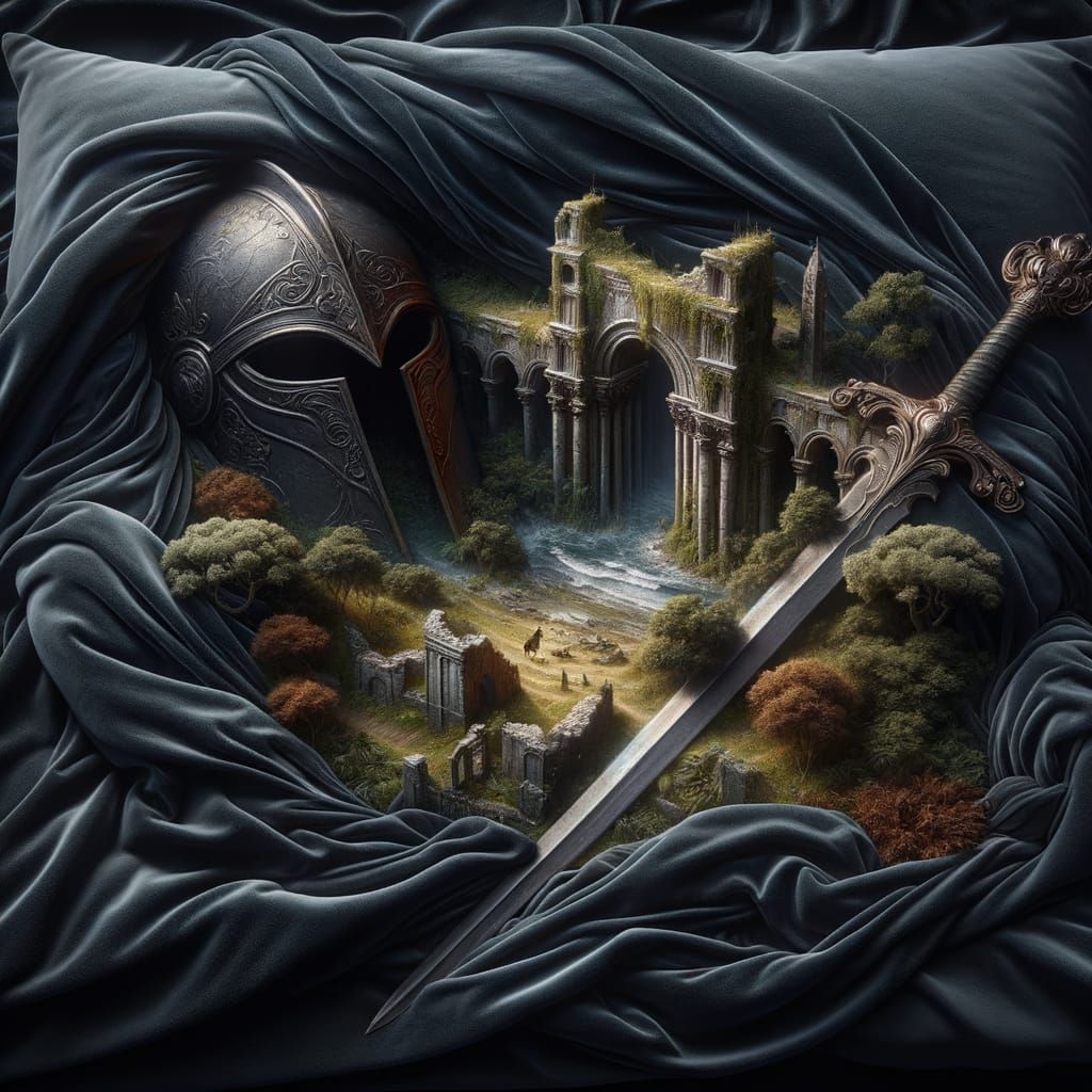 Surreal Knight's Relics on Velvet in Oil Paint