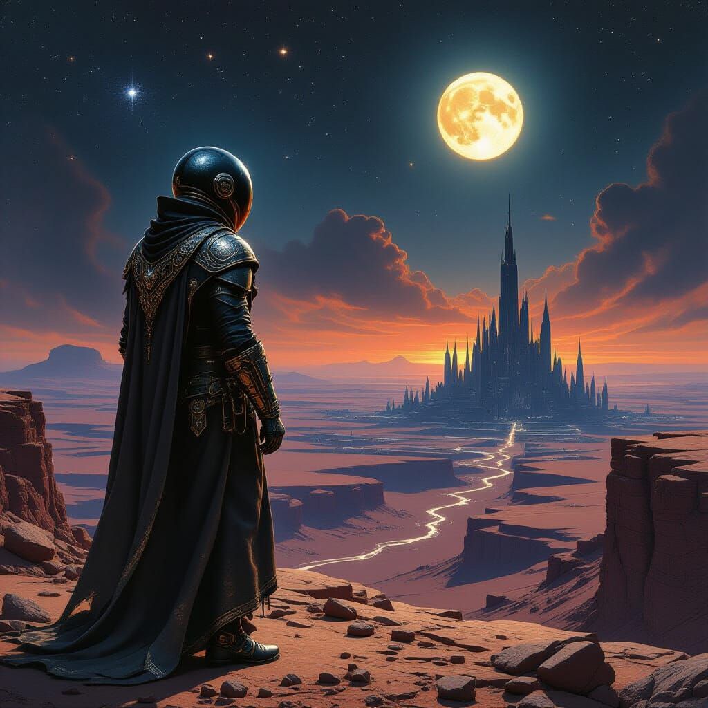Ancient Astronaut on Alien Mesa with Gothic Cityscape
