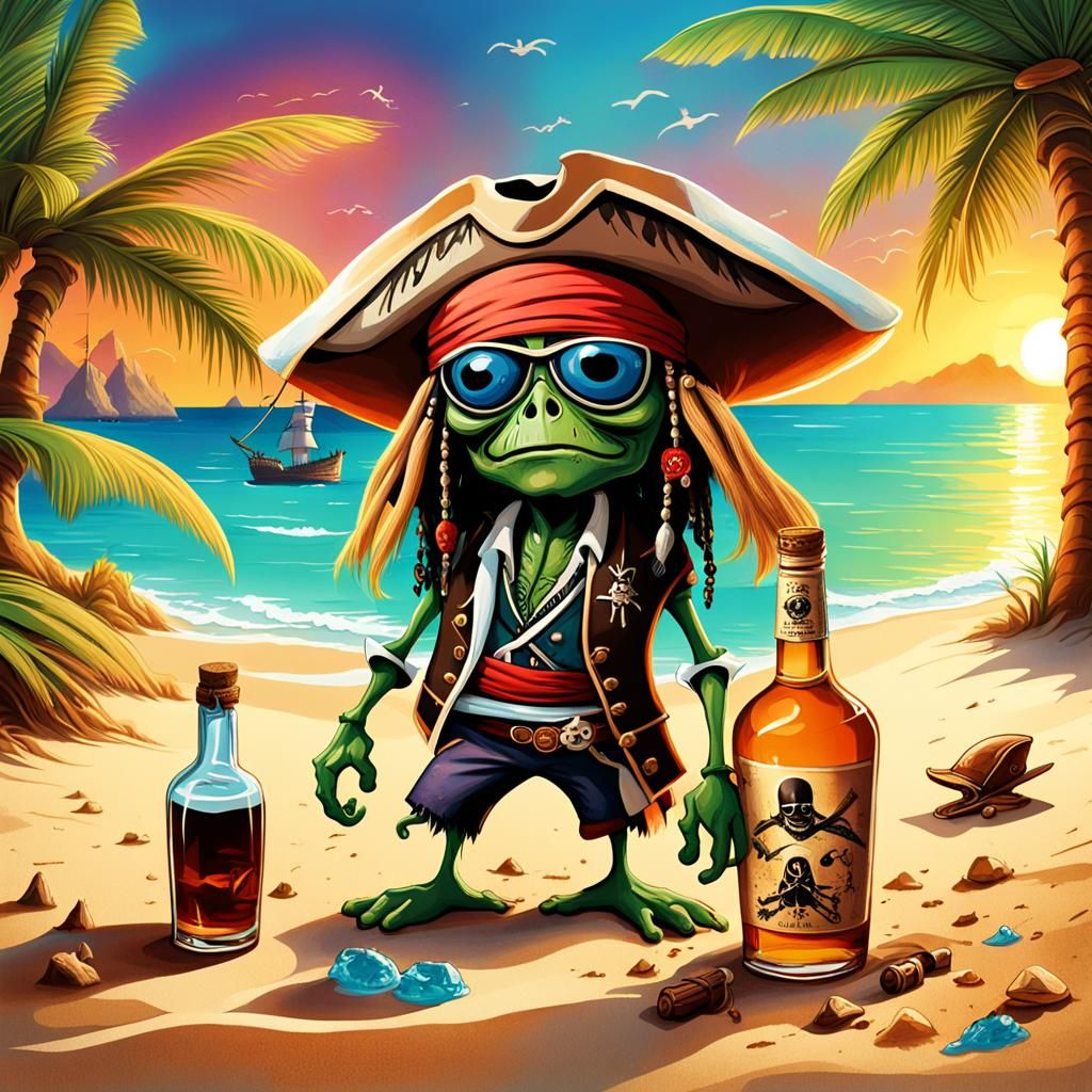 Captain Jack Sparrow with Googly-Eyed Alien on Tropical Beac...