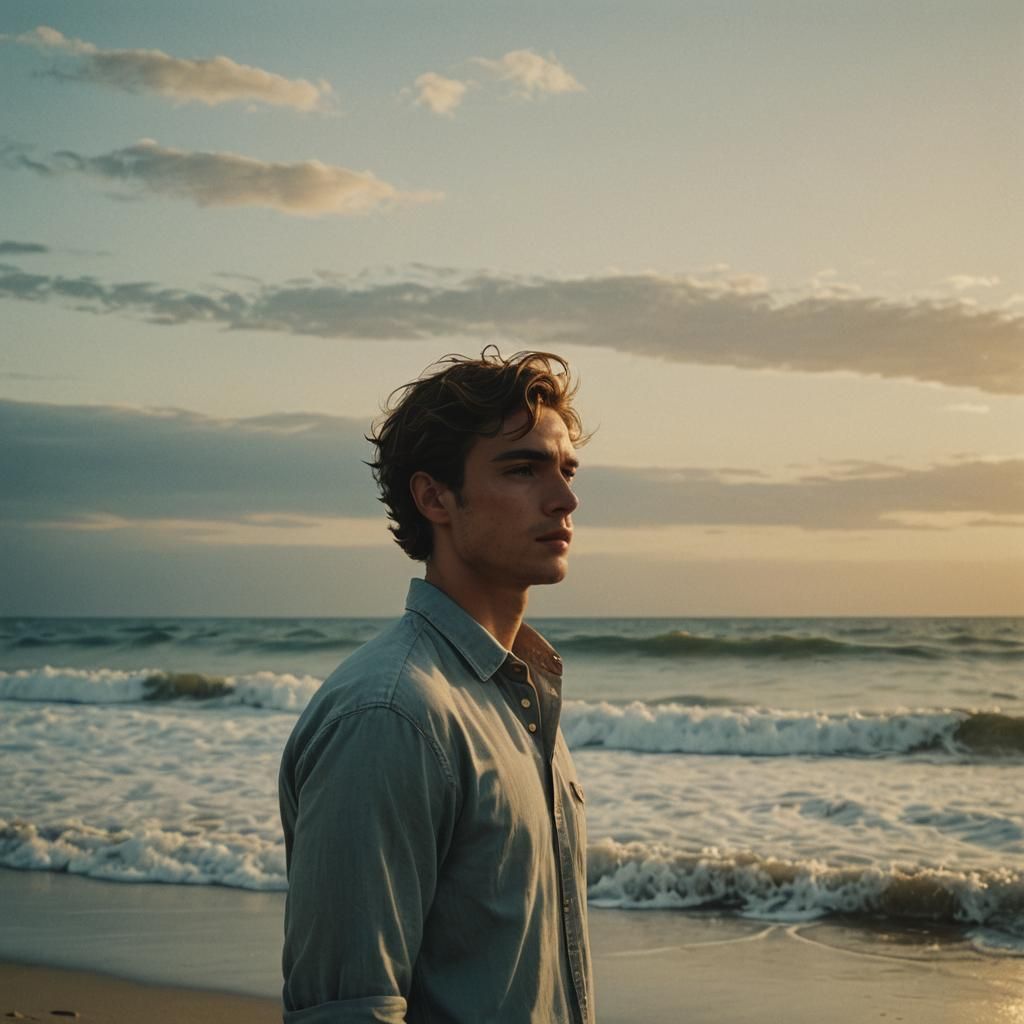 Man Gazing at Waves on Beach at Sunset