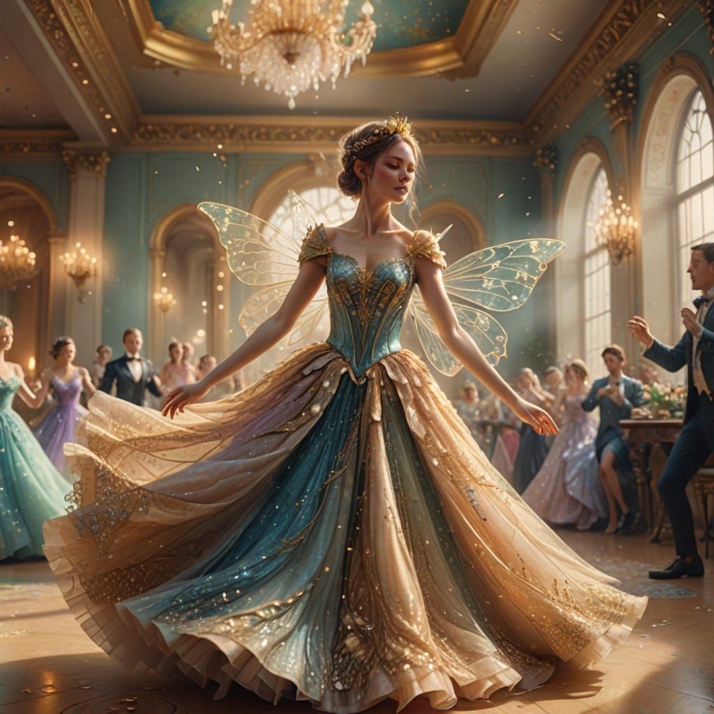 Fairy Dances in Ballroom: Whimsical Fantasy Art