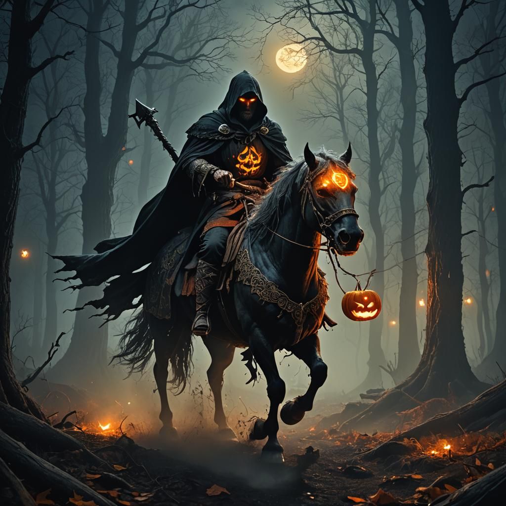 Pumpkin Rider in Misty Forest, Dark Fantasy Art
