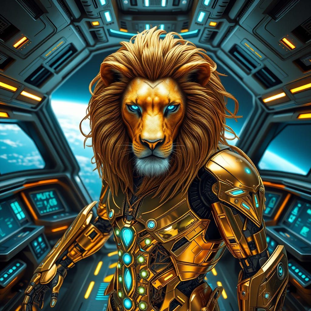 Cybernetic Lion Warrior in Futuristic Spaceship