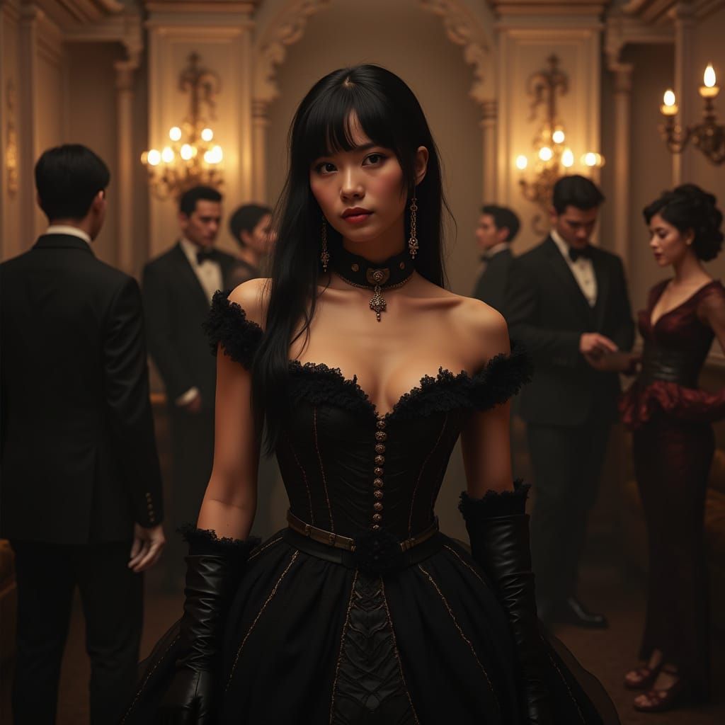 Victorian Woman in Gentleman's Club, Hyperrealistic Scene