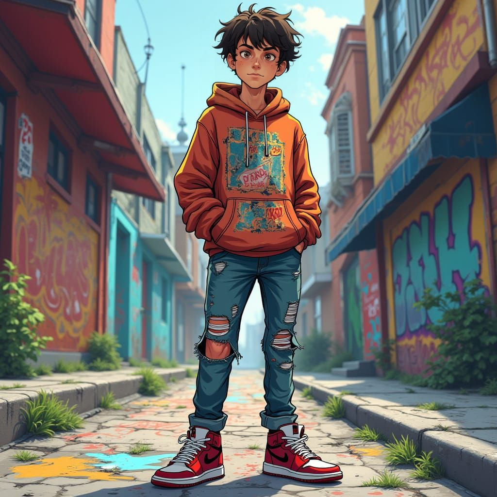 Teenager in 3D Comic-Book Style on Graffiti Sidewalk