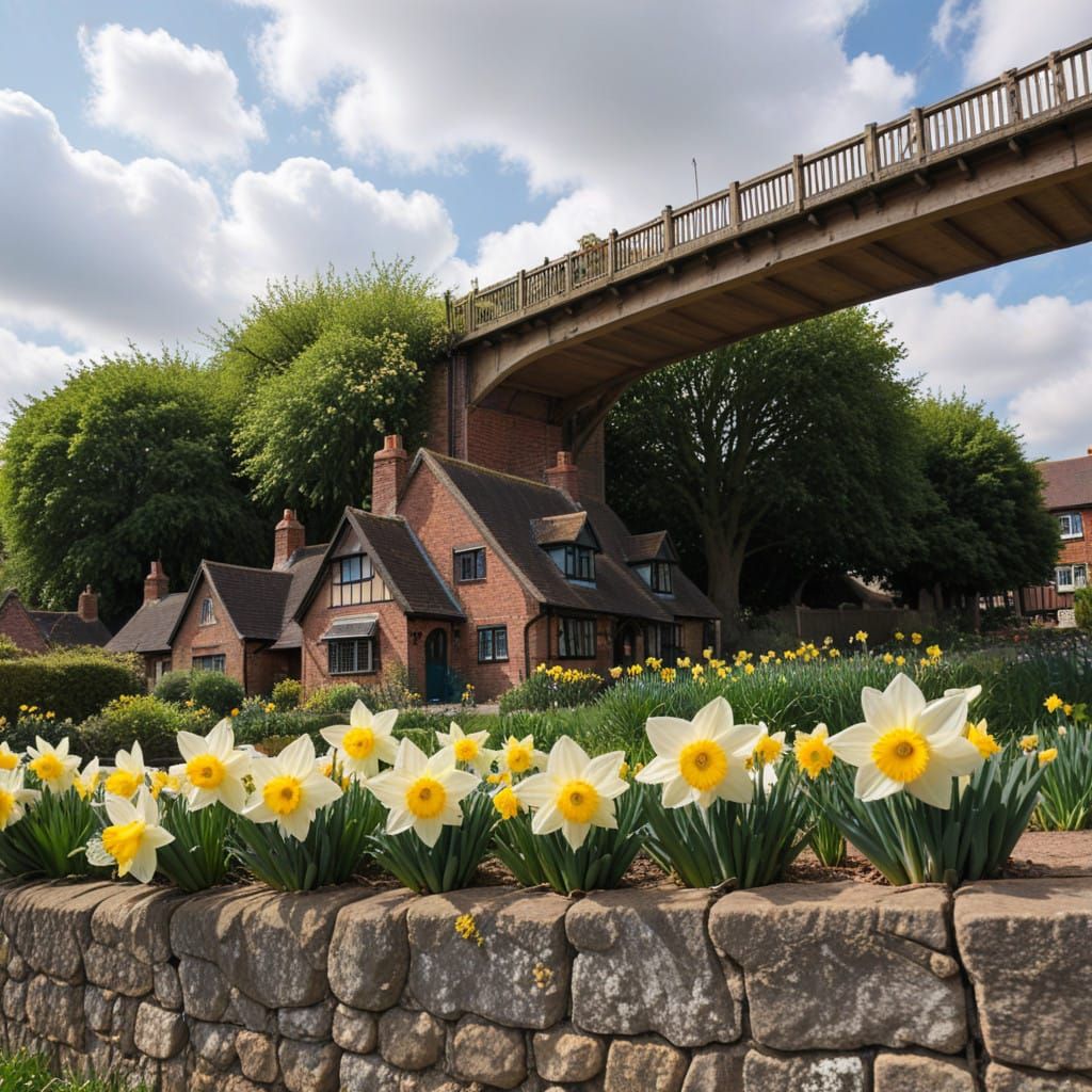English Town in Spring Bloom with Daffodils