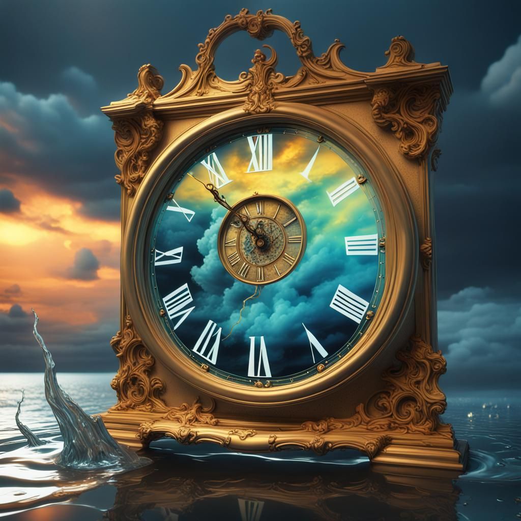 Surreal Melting Clock in Stormy Night