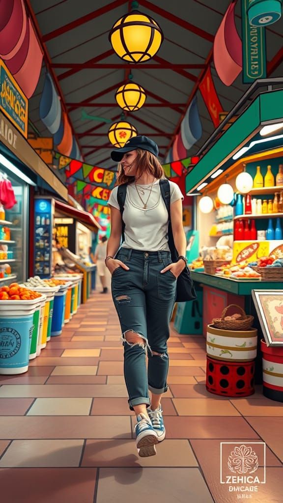 Zahia Walks to Market in Whimsical Illustration Style