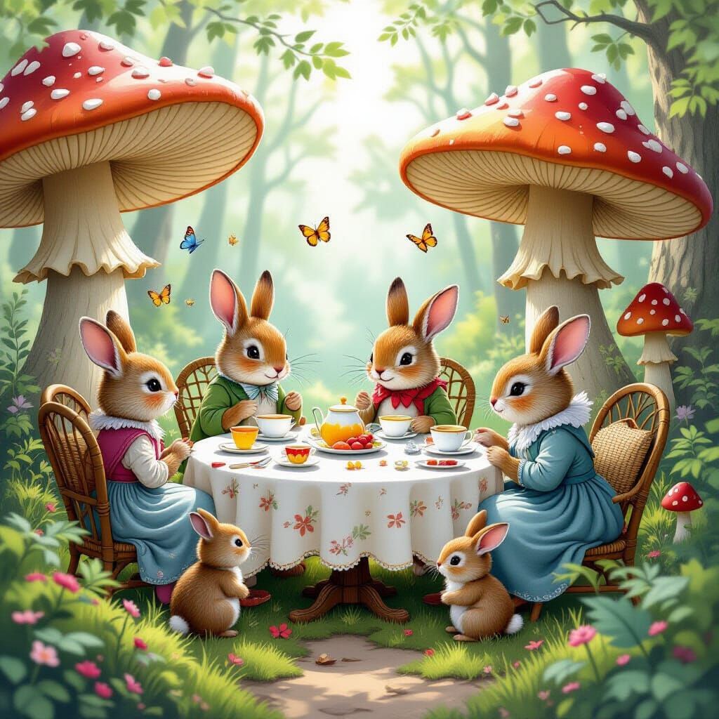 Whimsical Tea Party in Mushroom Forest Sketch