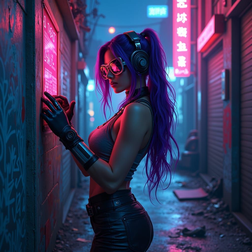 Cyberpunk Decker in Neon Alleyway, Virtual Reality Interface