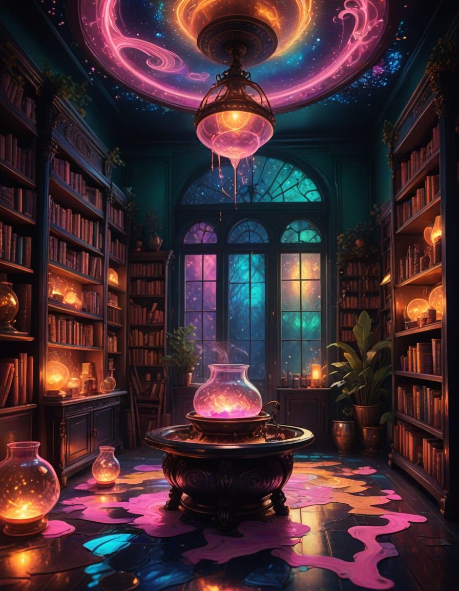 Vibrant Witch's Potion Room in Neon Colors and Iridescent Gl...