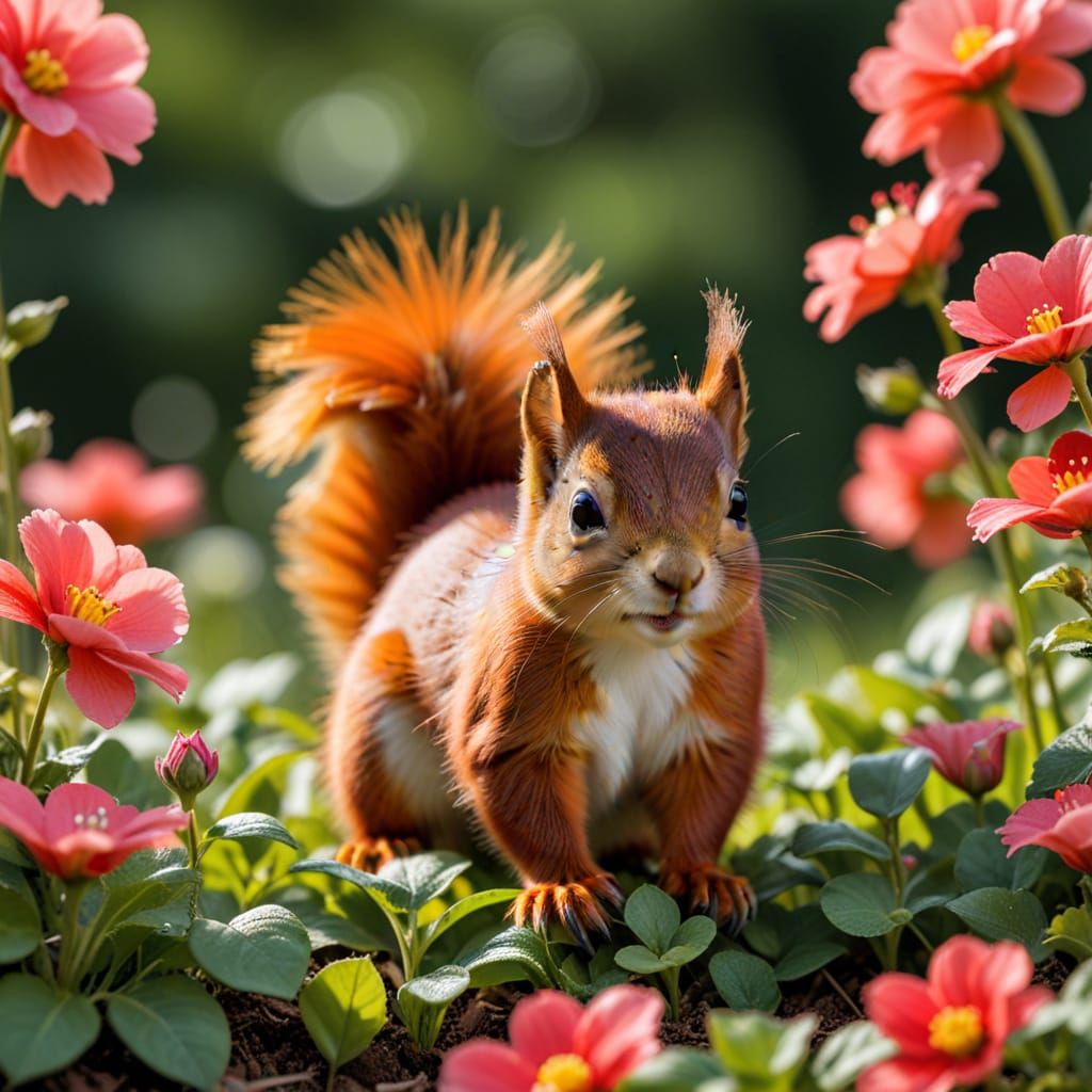 Cute Red Squirrel in Floral Masterpiece