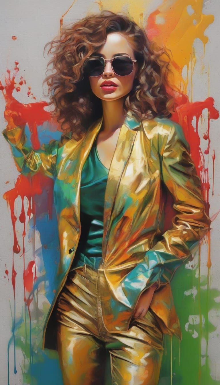 Chic Woman in Gold Blazer and Geometric Jewelry