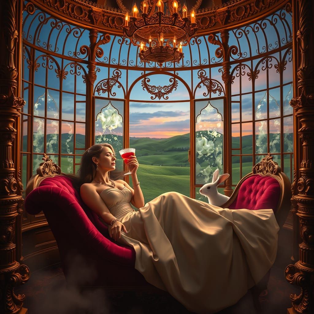 Enchantress in Ornate Birdcage with Ethereal Portals