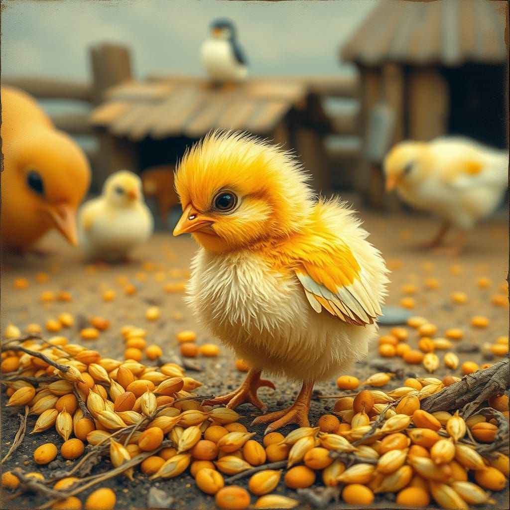 Lonely Farm Chick in Whimsical Illustration Style