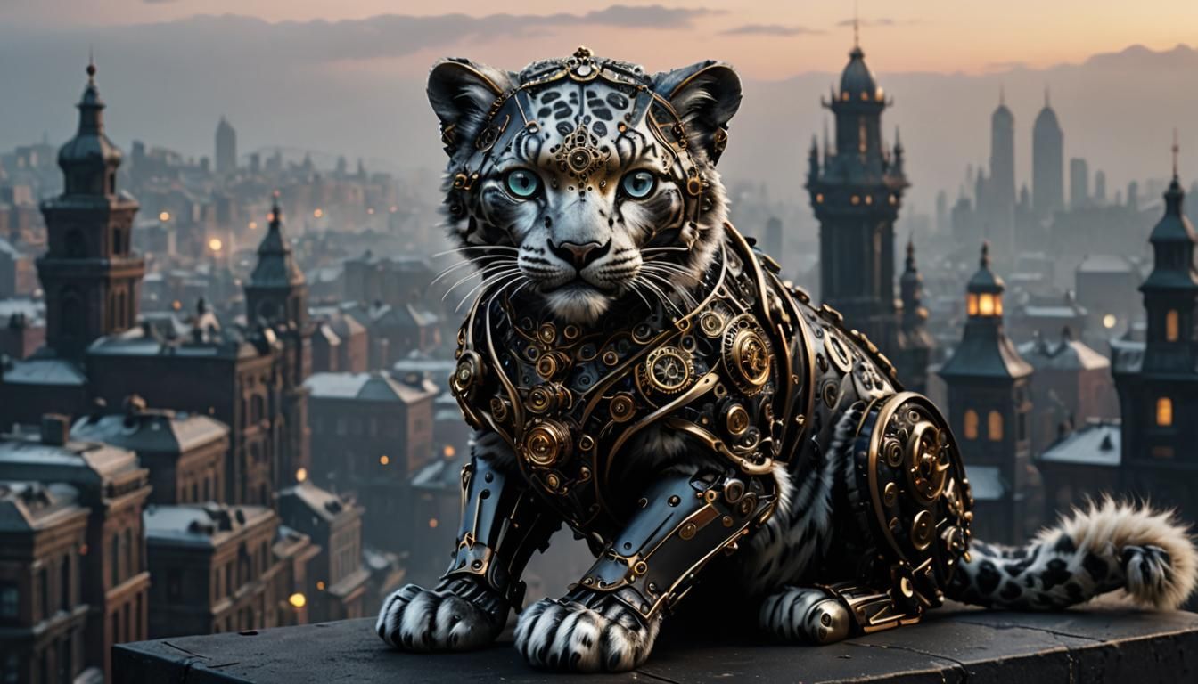 Steampunk Cyborg Snow Leopard in Cityscape