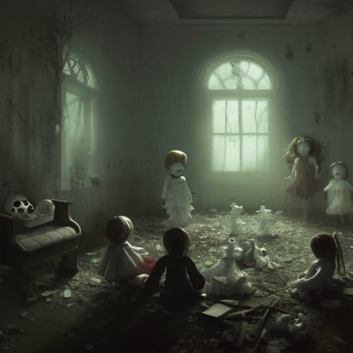 Haunted Daycare with Dolls and Ghosts, Dark Fantasy Art