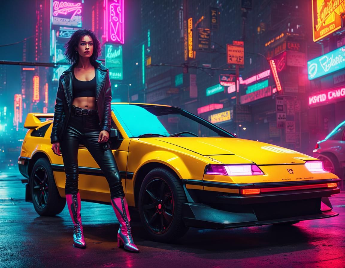 Latin Woman and Honda CRX in Cyberpunk Neon Scene