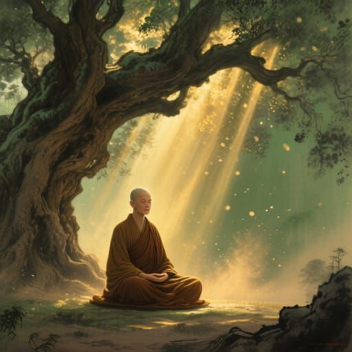 Ancient Monk Meditating Under Giant Bodhi Tree