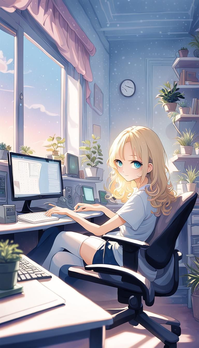 Anime Girl Reading: Whimsical Watercolor-Inspired Portrait