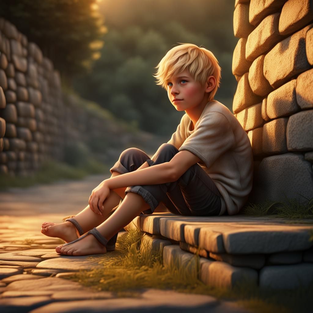 Blonde Boy on Stone Wall: Golden Hour Illustration