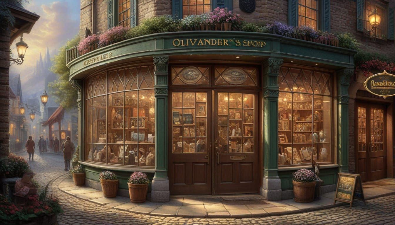 Inside Olivander's Wand Shop as Thomas Kinkade Painting