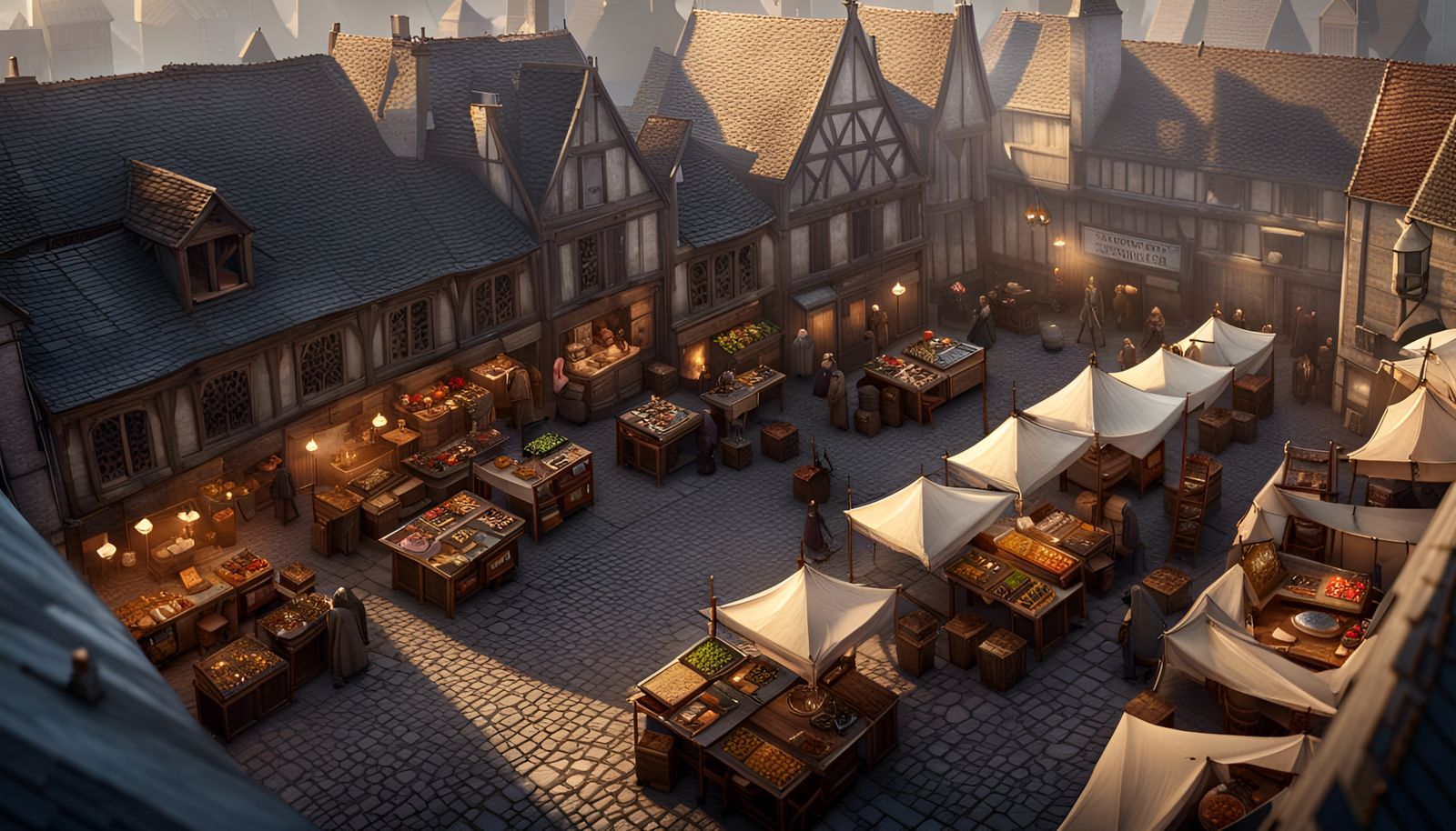 Medieval Market Square at Sunrise: Digital Illustration