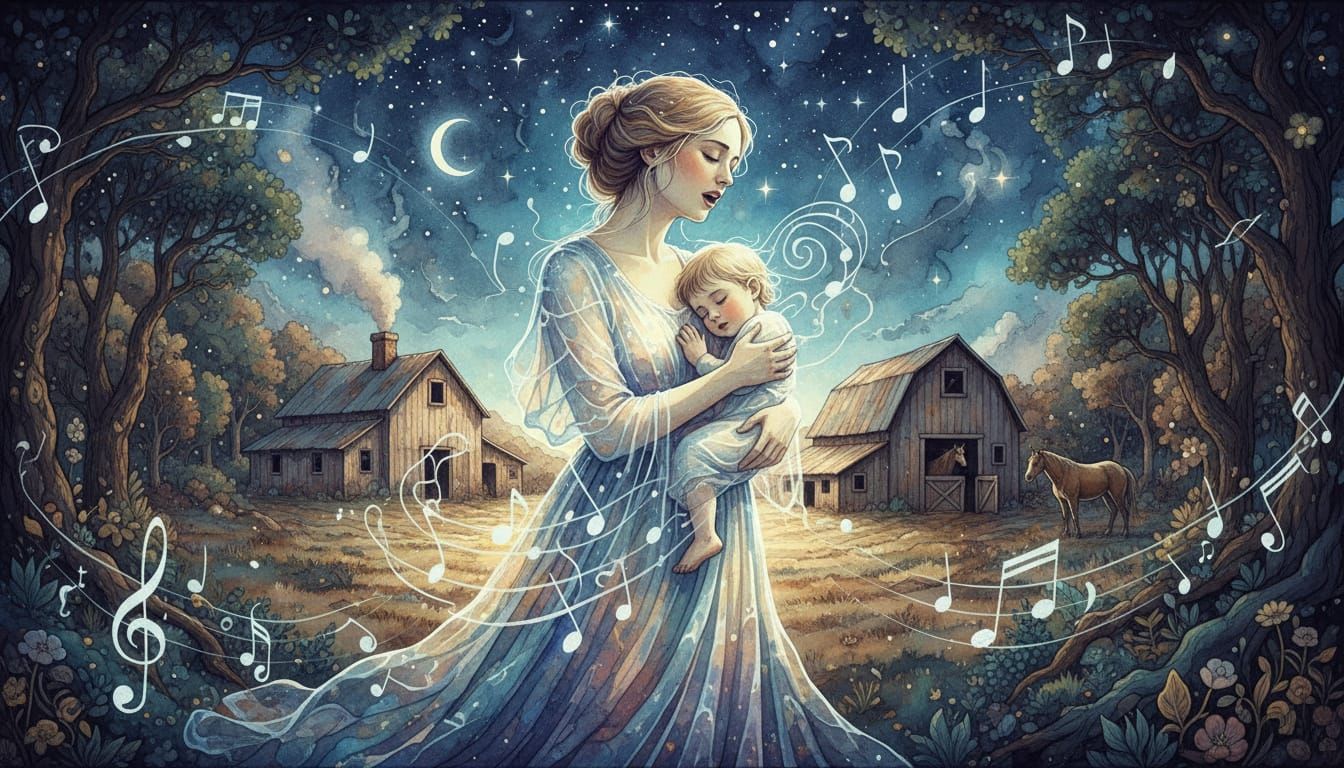 Mother Sings to Child in Starry Farmscape Concept Art