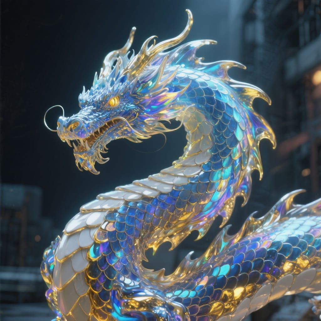 Iridescent Glass Dragon in Futuristic Style