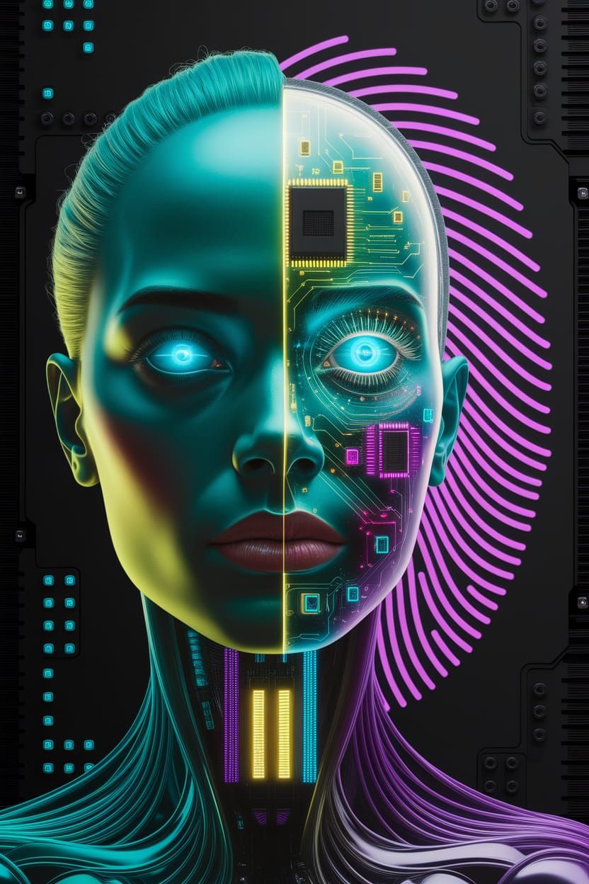 Android Portrait with Glowing Circuits in Sci-Fi Style