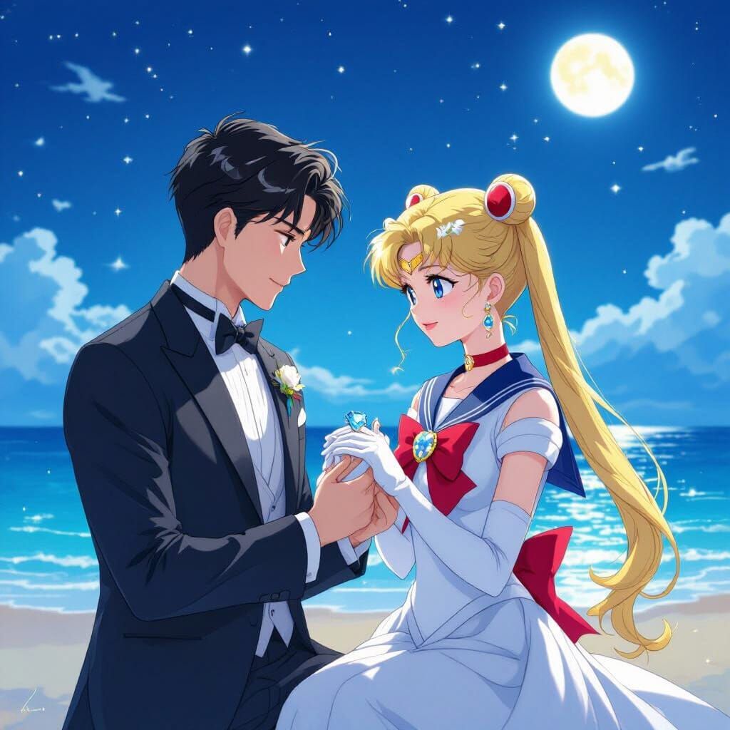 Sailor Moon Proposal on Beach in Whimsical Style