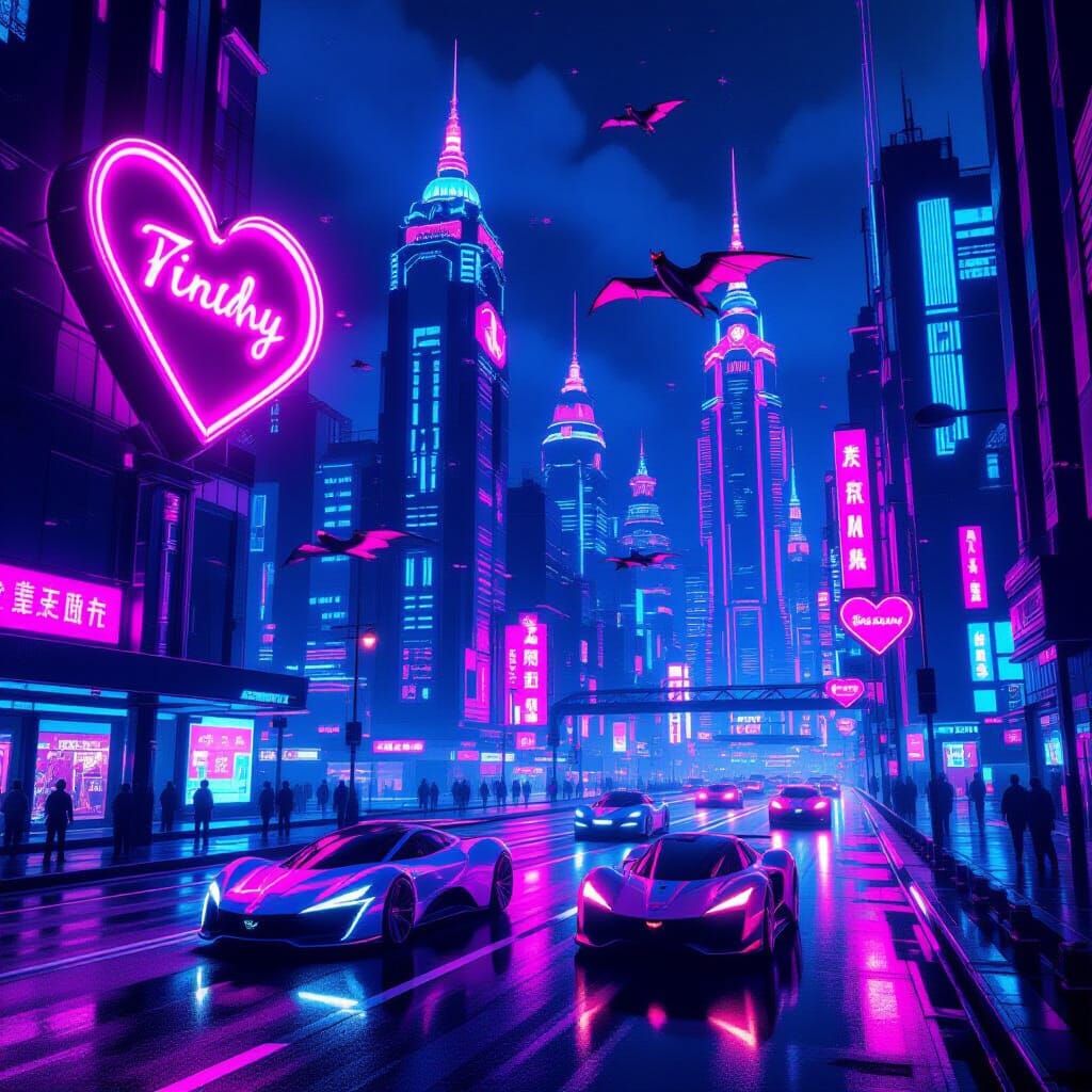 Futuristic Cityscape with Neon Hearts in Cyberpunk Style