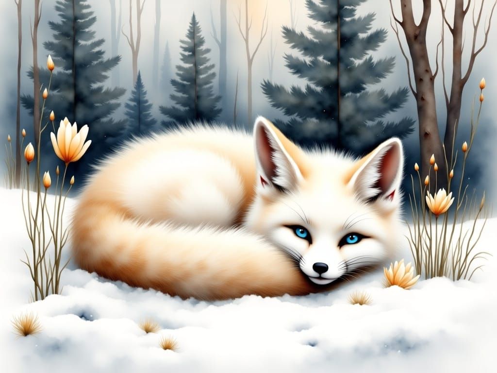Fox in Snowy Scene, Watercolor Illustration