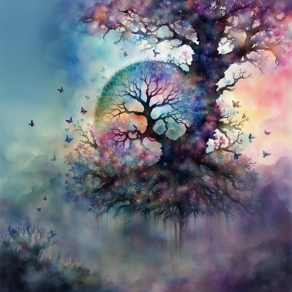 Watercolor Tree of Life with Blossoms and Butterflies
