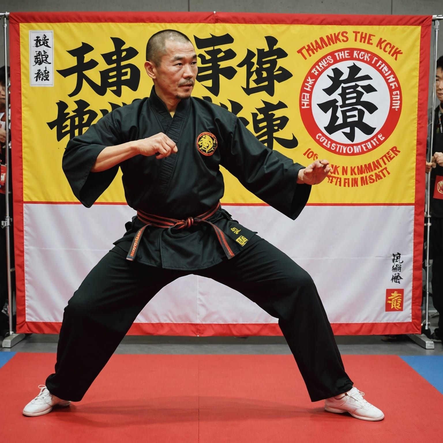 Kung-Fu Master Mid-Kick with Gratitude Banner