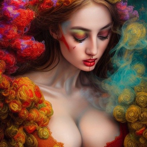 Colorful Woman Exhaling Smoke: Detailed Oil Painting