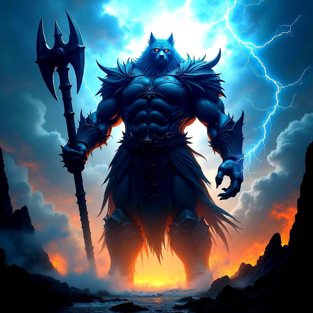 Giant Wolf-Headed Warrior with Axe, Fantasy Art