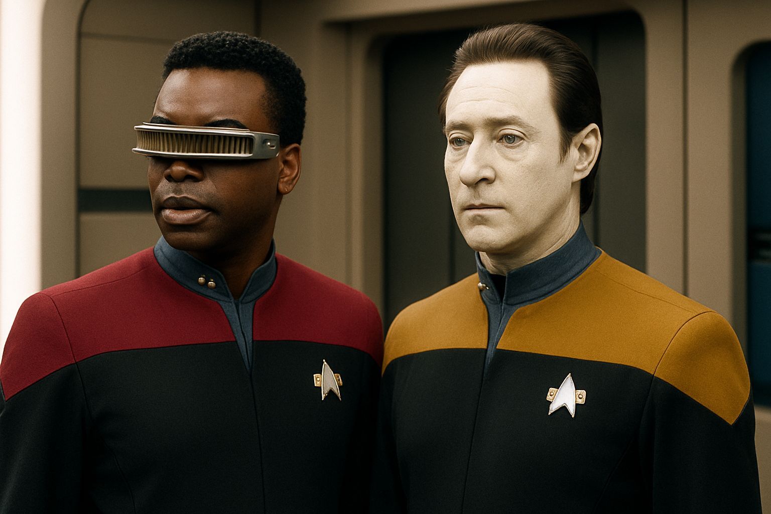 Data and La Forge in Voyager Uniforms
