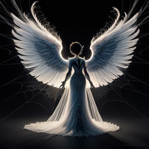 Fiery Angel Silhouette with Ice Spiderweb Wings