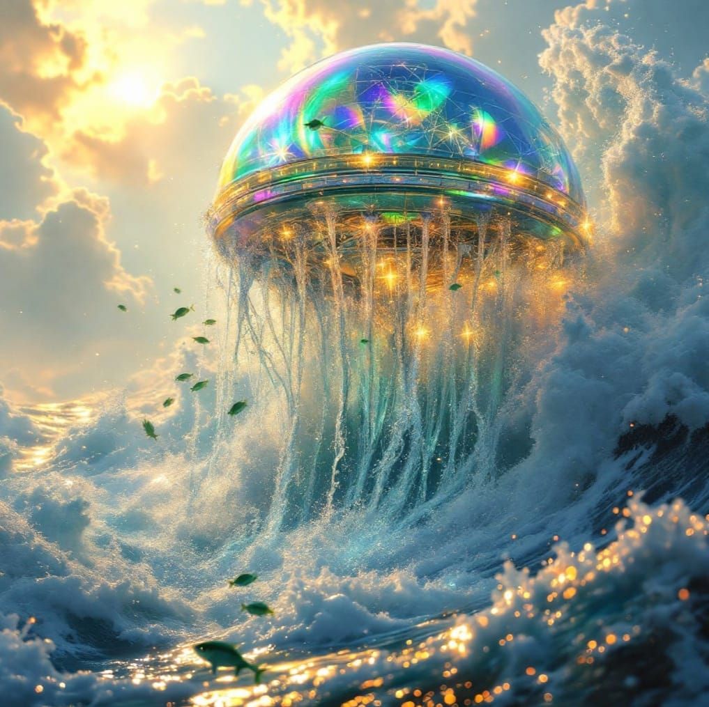 Surreal Watery Spaceship Ascends in Heavenly Splendor