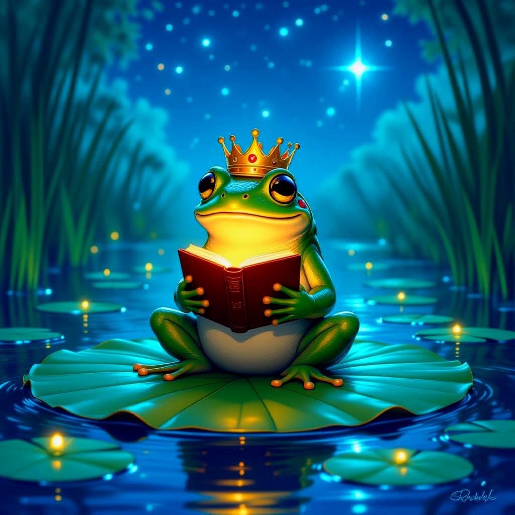 Whimsical Frog Prince in Bioluminescent Swamp